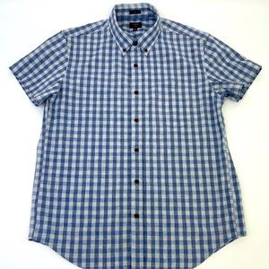 J Crew Mens Shirt L Short Sleeve Button Collar Slim Fit Blue Gray Gingham Plaid